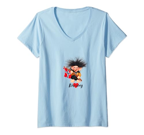 Damen I love Norway Happy Troll mit Flagge T-Shirt mit V-Ausschnitt Damen I love Norway Happy Troll mit Flagge T-Shirt mit V-Ausschnitt von WildCreations