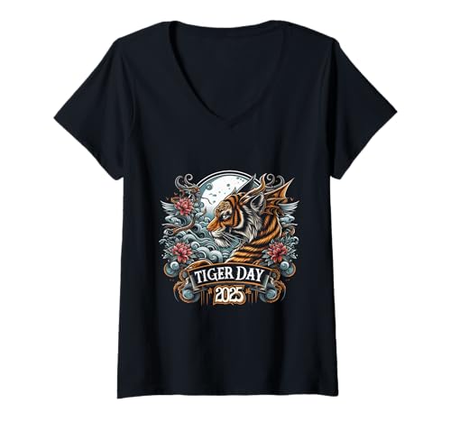 Damen Dschungelgeist pur für den Tiger Day 2025 T-Shirt mit V-Ausschnitt Damen Dschungelgeist pur für den Tiger Day 2025 T-Shirt mit V-Ausschnitt von WildEcho Collective