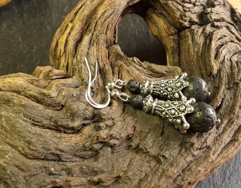 Ohrringe, Nordisch, Kelten, Wikinger, Nordic, Silber, Lavaperlen Schwarz von WildFilz