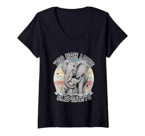 Damen This Mom Loves Elephants Retro Animal Lover T-Shirt mit V-Ausschnitt Damen This Mom Loves Elephants Retro Animal Lover T-Shirt mit V-Ausschnitt von WildHeritage Apparel