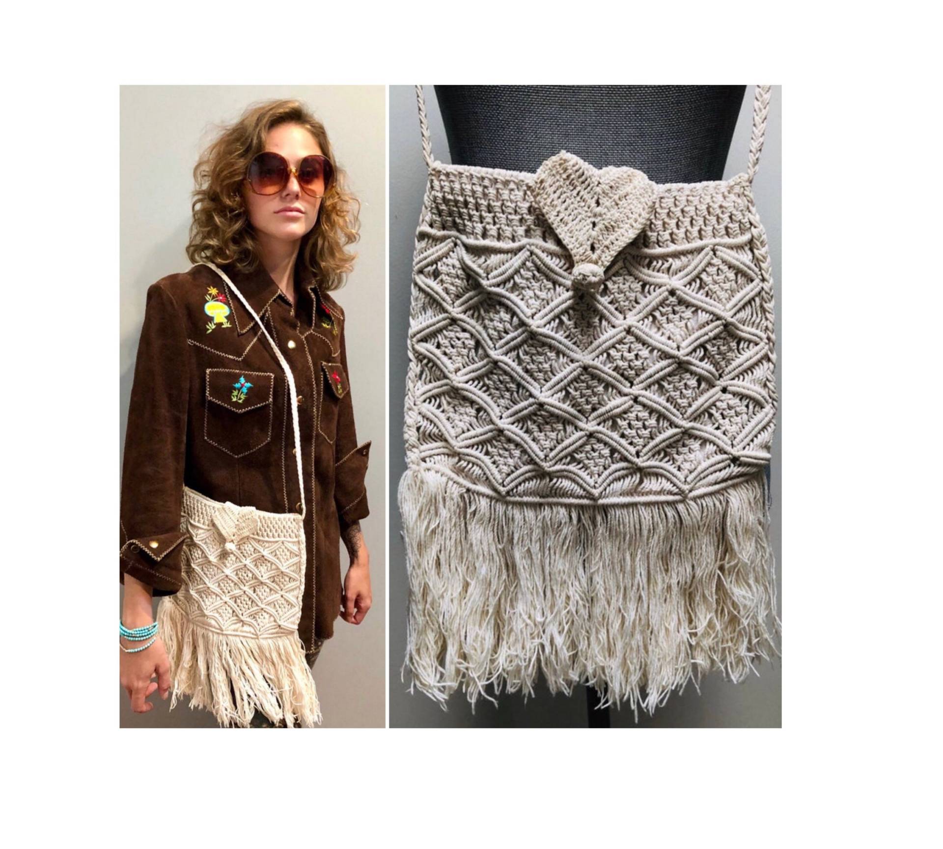 Vintage 1970Er Jahre Weiß Makramee Boho-Hippy Schultertasche W/Fringe von WildRoseVintageDtcom
