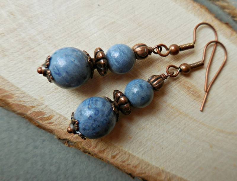 Blaue Schwamm Koralle Kupfer Ohrringe, Rustikale Handgemachter Schmuck, Edelstein Boho Coutry von WildStone
