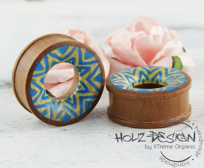 5-30mm Paar Pair Holz Flesh Tunnel Zweifarbig Mit Blauem Inlay Plug Handgefertigt Ohr Plugs Gauge Piercing Handmade von WildWoodManufaktur