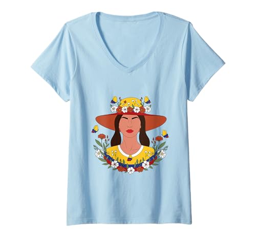 Damen Wildblumen Kolumbianisches Mädchen Blumen T-Shirt mit V-Ausschnitt Damen Wildblumen Kolumbianisches Mädchen Blumen T-Shirt mit V-Ausschnitt von Wildblumen Kolumbianische Frau