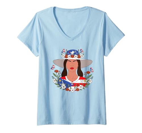 Damen Wildblumen Puerto Ricanisches Mädchen Blumen T-Shirt mit V-Ausschnitt von Wildblumen Puerto Ricanische Frau