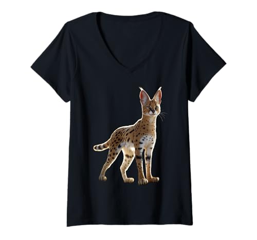 Damen Serval Raubkatze Afrika Savannah Leopard Katze Süße Serval T-Shirt mit V-Ausschnitt Damen Serval Raubkatze Afrika Savannah Leopard Katze Süße Serval T-Shirt mit V-Ausschnitt von Wilde Servale für Afrika Savannen Katzen Liebhaber