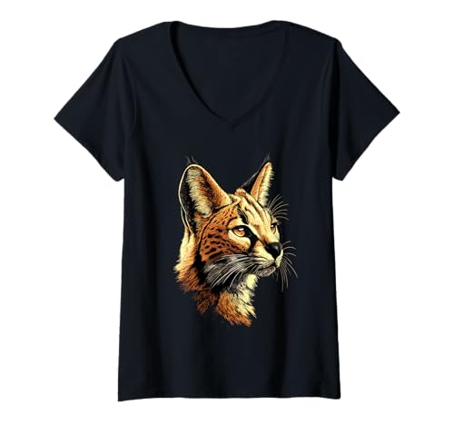 Damen Serval Raubkatze Afrika Savannah Leopard Katze Süße Serval T-Shirt mit V-Ausschnitt Damen Serval Raubkatze Afrika Savannah Leopard Katze Süße Serval T-Shirt mit V-Ausschnitt von Wilde Servale für Afrika Savannen Katzen Liebhaber
