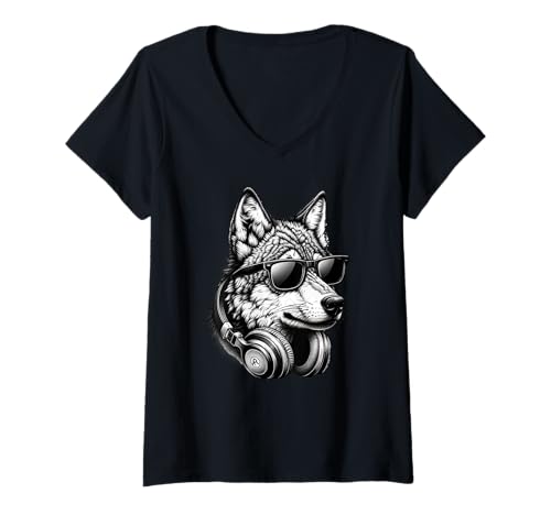 Damen Cooler Wolf m Sonnenbrille & Kopfhörern Trendige Tiere Musik T-Shirt mit V-Ausschnitt Damen Cooler Wolf m Sonnenbrille & Kopfhörern Trendige Tiere Musik T-Shirt mit V-Ausschnitt von Wilde Vibes Mode | Urban Wolf Style