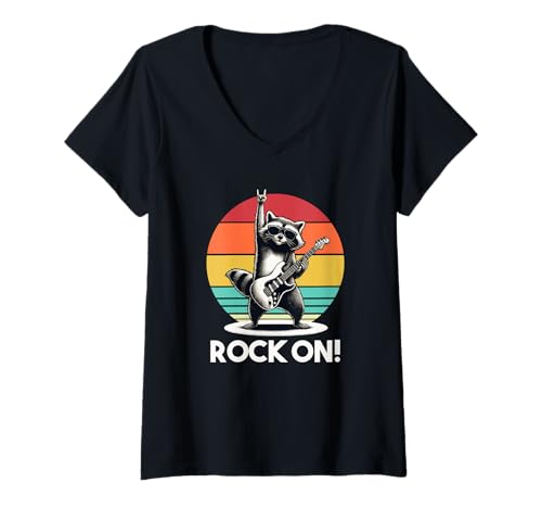 Damen Rock n Roll Raccoon Rock on. Männer, Frauen, Kinder T-Shirt mit V-Ausschnitt Damen Rock n Roll Raccoon Rock on. Männer, Frauen, Kinder T-Shirt mit V-Ausschnitt von Wilde Waschbär -Gitarrenbekleidung