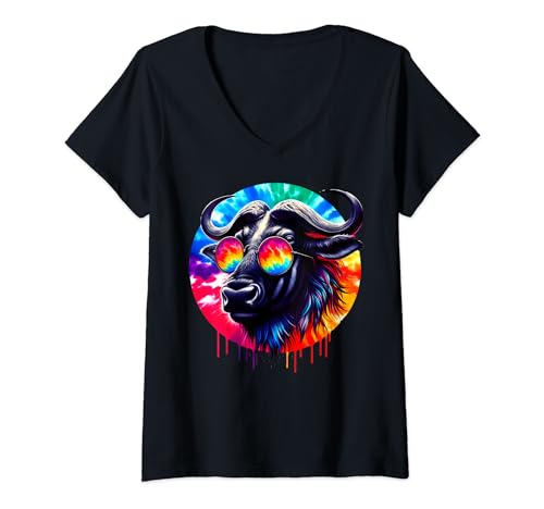 Damen Coole Batik-Sonnenbrille Gnus Grafik Illustration Kunst T-Shirt mit V-Ausschnitt von Wildebeest Tie Dye Sunglasses Art Store