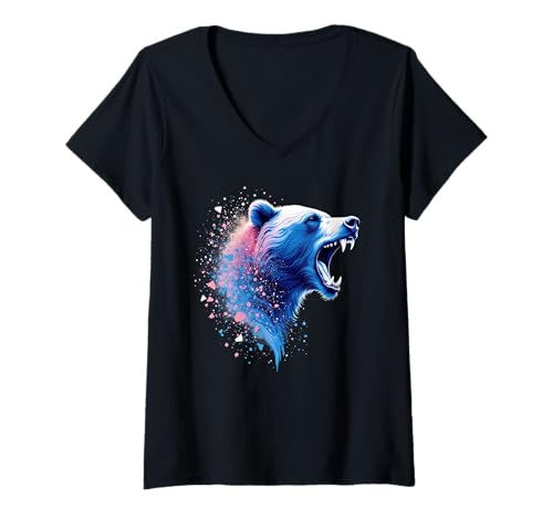 Damen Brüllender Bär Grizzly Kopf Natur Wildlife Energie T-Shirt mit V-Ausschnitt von Wilder Grizzly Bär Wildlife Natur Kraft Outdoor