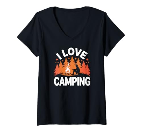 Damen I Love Camping Forest Adventure Lagerfeuer T-Shirt mit V-Ausschnitt von Wilderness Adventure Forest Campfire