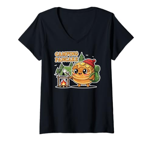 Damen Camping Pancake Wilderness Frühstück Grafik T-Shirt mit V-Ausschnitt Damen Camping Pancake Wilderness Frühstück Grafik T-Shirt mit V-Ausschnitt von Wilderness Camp Breakfast Co