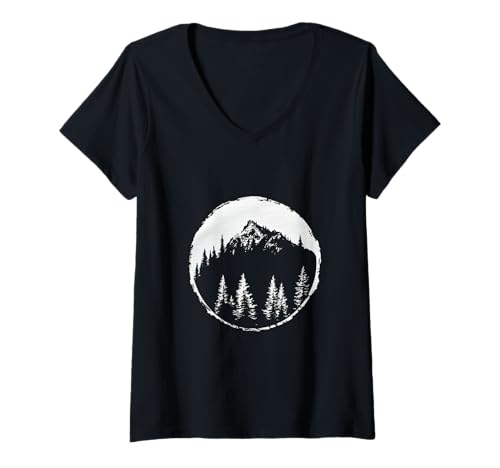 Damen Bergwald Kreis | Wildnis Natur Kunst T-Shirt mit V-Ausschnitt Damen Bergwald Kreis | Wildnis Natur Kunst T-Shirt mit V-Ausschnitt von Wilderness Monochrome Co.