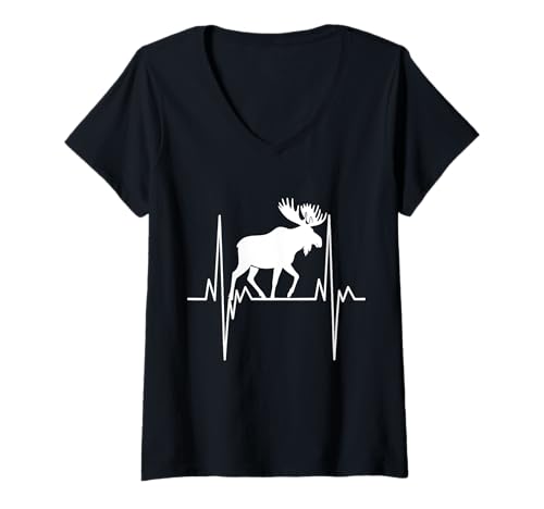 Damen Elch Herzschlag Silhouette Wildlife Natur T-Shirt mit V-Ausschnitt Damen Elch Herzschlag Silhouette Wildlife Natur T-Shirt mit V-Ausschnitt von Wilderness Pulse Co.