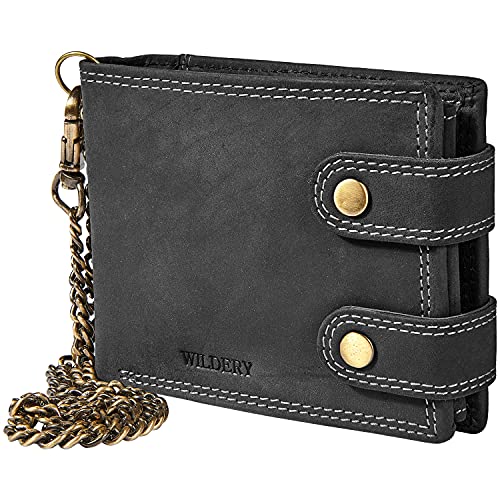 Wildery® Geldbeutel mit Kette I Biker Geldbörse mit Kette Herren I Geldtasche mit RFID Schutz I Portemonnaie mit Sicherheitskette im Querformat /#Vintage Chain WI109 (Schwarz) von Wildery