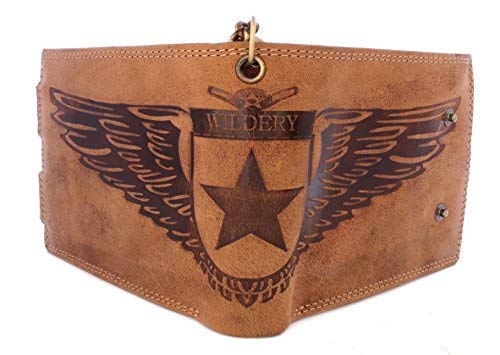 Wildery ® Herren Leder Geldbörse im Querformat mit Kette Braune Brieftasche Herren Portemonnaie Voll-Leder Adler Börse Portmonee von Wildery