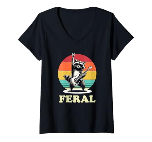 Damen Wildes Retro Rockgitarre T-Shirt mit V-Ausschnitt Damen Wildes Retro Rockgitarre T-Shirt mit V-Ausschnitt von Wildes Retro Raccoon -Bekleidung