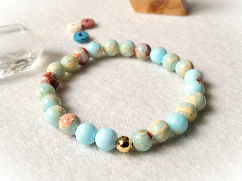 Armband | Himmel&erde Kaiserjaspis Elastisch Lässig Perlenarmband Boho Unikat Stretcharmband Perlenschmuck Edelstahlkugel 24K Vergoldet von WildesHerzHH