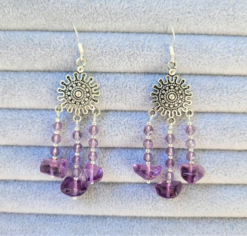 Ohrhänger | Chandelier Amethyst Facettiert Große Splitter Hängeohrringe Mandala Ohrhaken 925Er Silber Boho Hippie Style Lässig Geschenk von WildesHerzHH