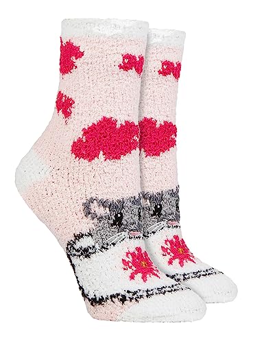 WILDFEET 2er Pack Kuschelsocken Flauschig Damen Antirutsch Lounge Crew Socken Geschenkbox Lustig (37-42, Maus in Tasse) von WILDFEET