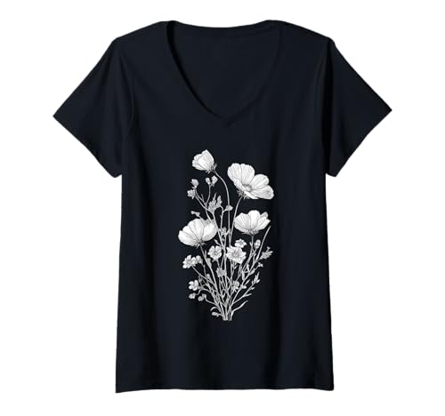 Damen Flower Botanical Line Art Minimalistisch Floral T-Shirt mit V-Ausschnitt Damen Flower Botanical Line Art Minimalistisch Floral T-Shirt mit V-Ausschnitt von Wildflower Botanical Flower Art