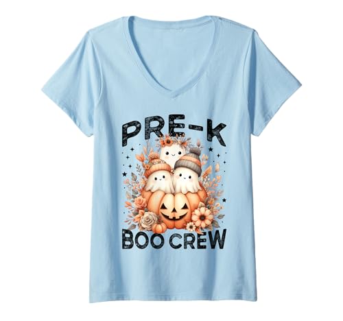Damen Pre K Boo Crew Lehrerin für Lehrerinnen mit Halloween-Blumenmotiv und Kürbis T-Shirt mit V-Ausschnitt Damen Pre K Boo Crew Lehrerin für Lehrerinnen mit Halloween-Blumenmotiv und Kürbis T-Shirt mit V-Ausschnitt von Wildflower PreK Teacher Kids Fall Halloween Ghost