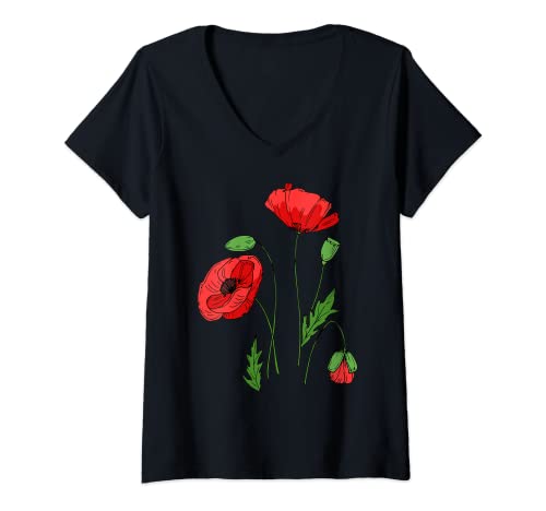 Damen Rote Mohnblume, rote botanische Mohnblumen T-Shirt mit V-Ausschnitt Damen Rote Mohnblume, rote botanische Mohnblumen T-Shirt mit V-Ausschnitt von Wildflowers Red Poppy Nature Flowers