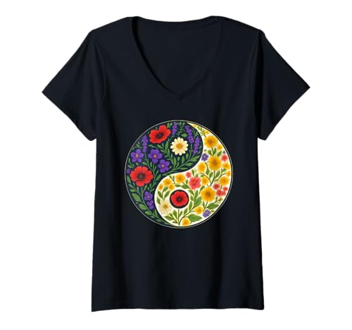 Damen Wildflowers Yin Yang Flower T-Shirt mit V-Ausschnitt Damen Wildflowers Yin Yang Flower T-Shirt mit V-Ausschnitt von Wildflowers Yin Yang Flower Gardening Apparel