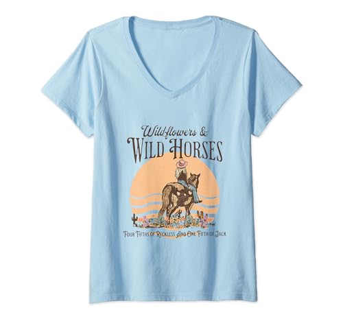 Damen Wildblumen & Wildpferde Western Cowgirl Cowboy T-Shirt mit V-Ausschnitt von Wildflowers & Wild Horses Western Cowgirl Cowboy