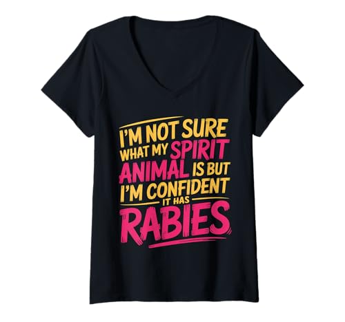 Damen Unsure of Spirit Animal But Bet It Has Rabies - T-Shirt mit V-Ausschnitt Damen Unsure of Spirit Animal But Bet It Has Rabies - T-Shirt mit V-Ausschnitt von Wildhumorgeist Tiergesellschaften