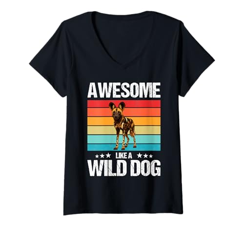Damen Wildhunde Wildhund T-Shirt mit V-Ausschnitt Damen Wildhunde Wildhund T-Shirt mit V-Ausschnitt von Wildhunde Wildhund Tier Shop