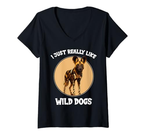 Damen Wildhunde Wildhund T-Shirt mit V-Ausschnitt Damen Wildhunde Wildhund T-Shirt mit V-Ausschnitt von Wildhunde Wildhund Tier Shop