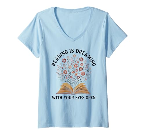 Damen Reading Is Dreaming Buch Blumen Vintage Retro Bibliothekar Spaß T-Shirt mit V-Ausschnitt Damen Reading Is Dreaming Buch Blumen Vintage Retro Bibliothekar Spaß T-Shirt mit V-Ausschnitt von Wildleaf Library Apparel