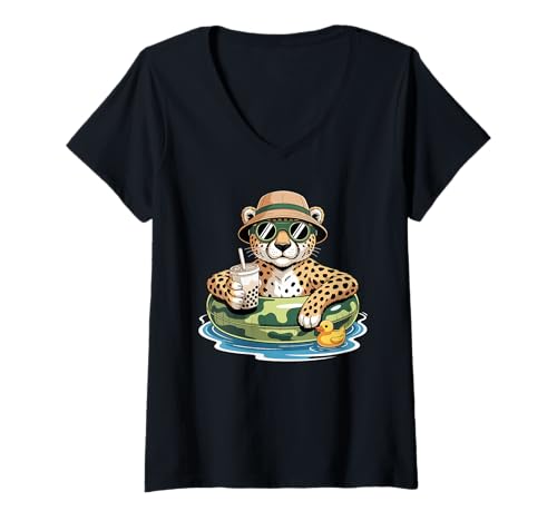 Damen Gepard Boba Perlen Milchtee Geparden T-Shirt mit V-Ausschnitt Damen Gepard Boba Perlen Milchtee Geparden T-Shirt mit V-Ausschnitt von Wildlife Animal Lover Gifts
