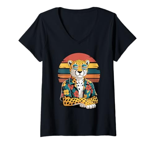 Damen Gepard Sonnenbrille Hawaiianischer Strand Sommerurlaub T-Shirt mit V-Ausschnitt Damen Gepard Sonnenbrille Hawaiianischer Strand Sommerurlaub T-Shirt mit V-Ausschnitt von Wildlife Animal Lover Gifts