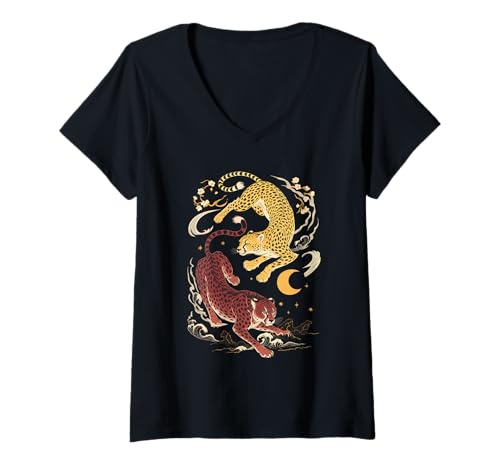 Damen Japanische Kunst Wellen Gepard Geparde T-Shirt mit V-Ausschnitt von Wildlife Animal Lover Gifts