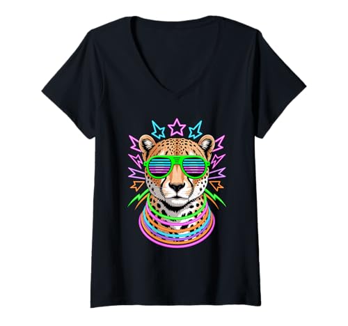 Damen Party Gepard Sonnenbrille Geparden T-Shirt mit V-Ausschnitt von Wildlife Animal Lover Gifts