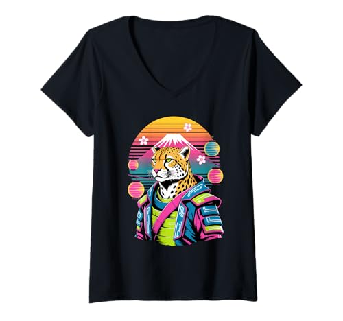 Damen Retro Samurai Gepard Geparden T-Shirt mit V-Ausschnitt Damen Retro Samurai Gepard Geparden T-Shirt mit V-Ausschnitt von Wildlife Animal Lover Gifts