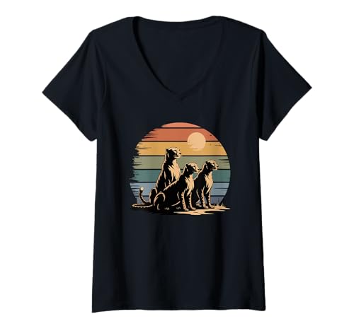 Damen Retro Sonnenuntergang Gepard Silhouette T-Shirt mit V-Ausschnitt Damen Retro Sonnenuntergang Gepard Silhouette T-Shirt mit V-Ausschnitt von Wildlife Animal Lover Gifts