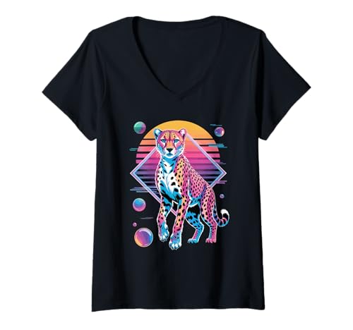 Damen Retro Synthwave Gepard Geparden T-Shirt mit V-Ausschnitt Damen Retro Synthwave Gepard Geparden T-Shirt mit V-Ausschnitt von Wildlife Animal Lover Gifts