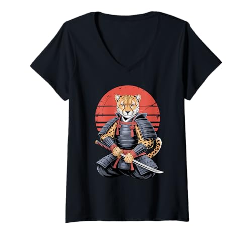 Damen Samurai Gepard Schwert Geparden T-Shirt mit V-Ausschnitt Damen Samurai Gepard Schwert Geparden T-Shirt mit V-Ausschnitt von Wildlife Animal Lover Gifts