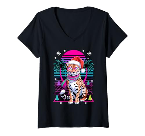 Damen Weihnachten Synthwave Gepard Sonnenbrille Geparde T-Shirt mit V-Ausschnitt Damen Weihnachten Synthwave Gepard Sonnenbrille Geparde T-Shirt mit V-Ausschnitt von Wildlife Animal Lover Gifts
