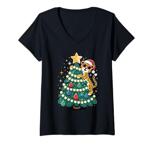 Damen Weihnachtsbaum Gepard Sonnenbrille Geparden T-Shirt mit V-Ausschnitt Damen Weihnachtsbaum Gepard Sonnenbrille Geparden T-Shirt mit V-Ausschnitt von Wildlife Animal Lover Gifts