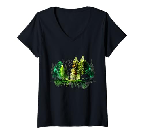 Damen Bäume Reflexion Wildlife Natur Tier Bär Outdoor Wald T-Shirt mit V-Ausschnitt Damen Bäume Reflexion Wildlife Natur Tier Bär Outdoor Wald T-Shirt mit V-Ausschnitt von Wildlife Animal Outdoor Trees Forest Nature Tees