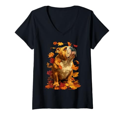 Damen Britische Bulldogge mit Herbstlaub, Wald, Herbst, ästhetischer Hund T-Shirt mit V-Ausschnitt Damen Britische Bulldogge mit Herbstlaub, Wald, Herbst, ästhetischer Hund T-Shirt mit V-Ausschnitt von Wildlife Animals Autumn Aesthetic Clothing