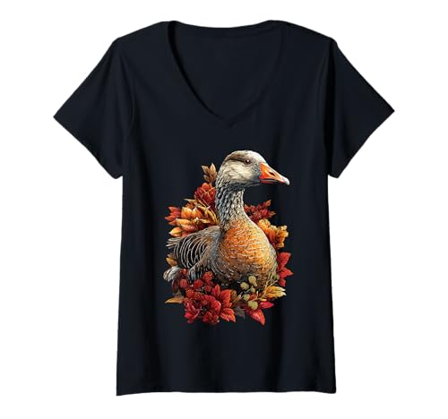 Damen Bunte Gans mit Herbstlaub Herbstblumen Bauernhoftier T-Shirt mit V-Ausschnitt Damen Bunte Gans mit Herbstlaub Herbstblumen Bauernhoftier T-Shirt mit V-Ausschnitt von Wildlife Animals Autumn Aesthetic Clothing