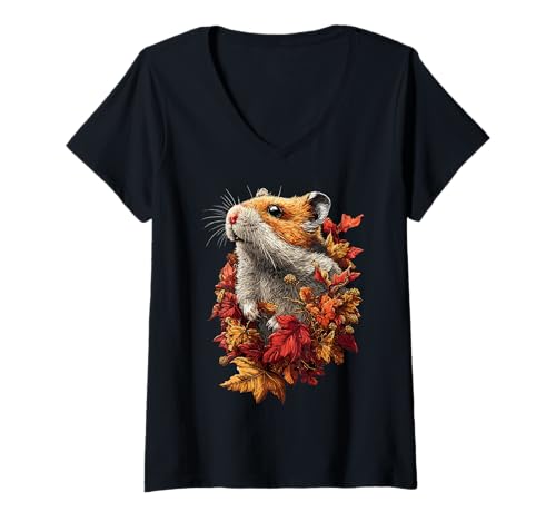 Damen Bunte Hamster Herbstblätter Herbstblumen Waldtier T-Shirt mit V-Ausschnitt Damen Bunte Hamster Herbstblätter Herbstblumen Waldtier T-Shirt mit V-Ausschnitt von Wildlife Animals Autumn Aesthetic Clothing