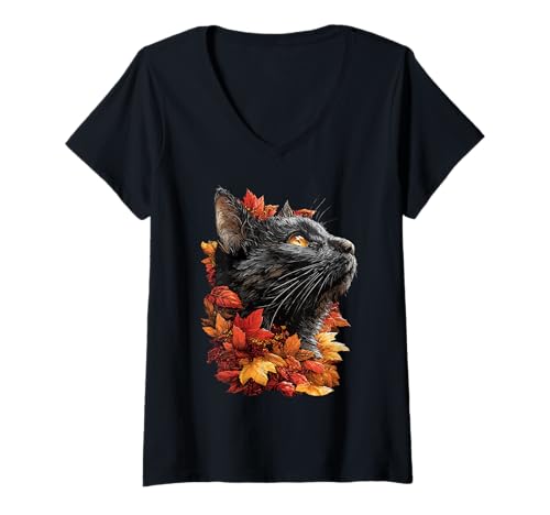 Damen Bunte Katze mit Herbstlaub Herbstblumen Katzentier T-Shirt mit V-Ausschnitt Damen Bunte Katze mit Herbstlaub Herbstblumen Katzentier T-Shirt mit V-Ausschnitt von Wildlife Animals Autumn Aesthetic Clothing