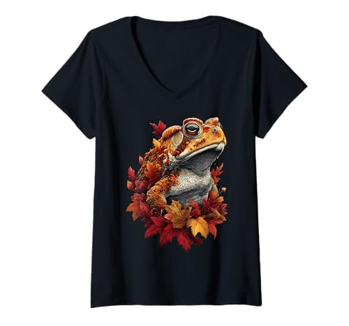 Damen Bunte Kröte mit Herbstlaub Herbstblumen Waldtier T-Shirt mit V-Ausschnitt Damen Bunte Kröte mit Herbstlaub Herbstblumen Waldtier T-Shirt mit V-Ausschnitt von Wildlife Animals Autumn Aesthetic Clothing